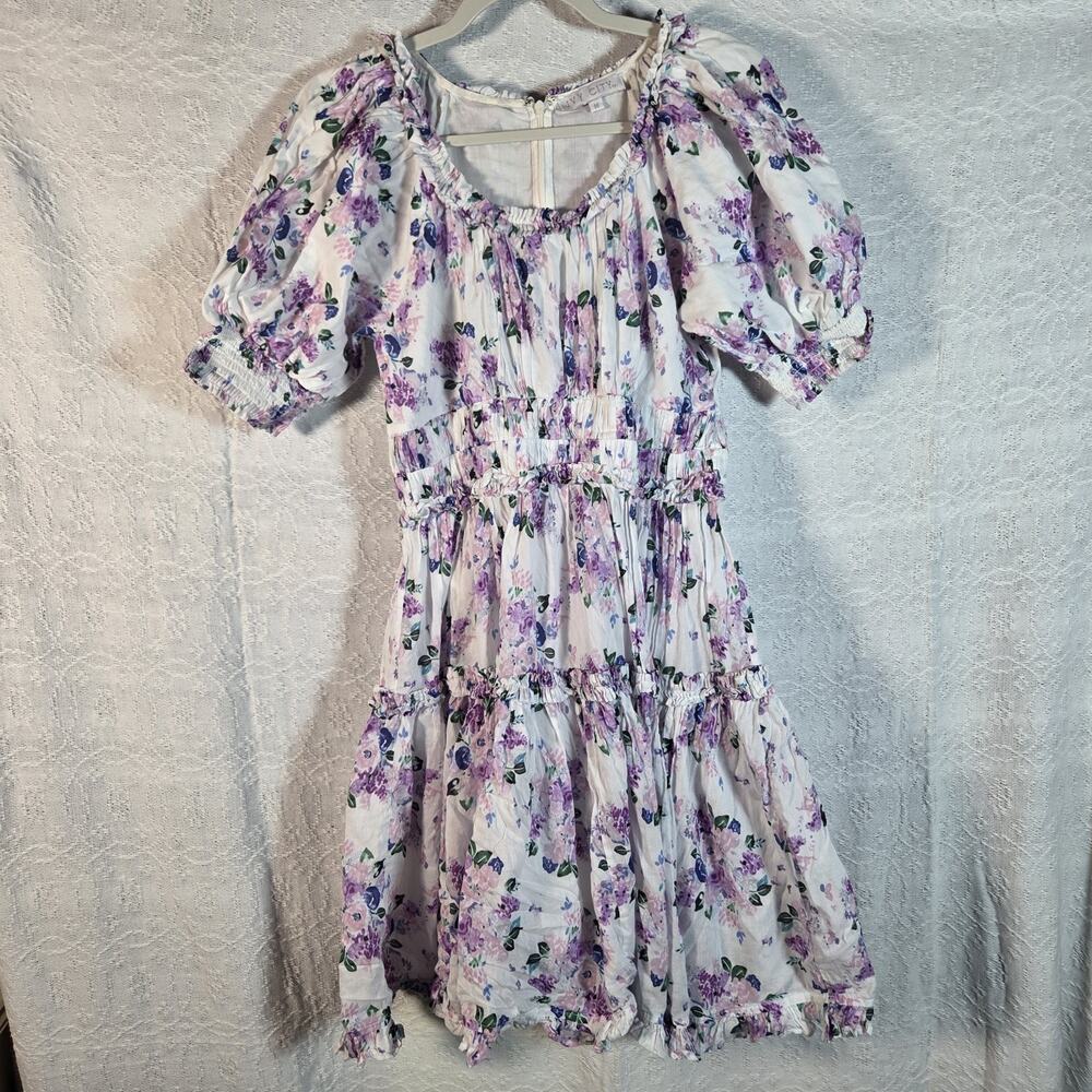 Ivy City Co Womens M Floral Cottagecore Dress Puff Sleeve Smocked Ruffle Tiered